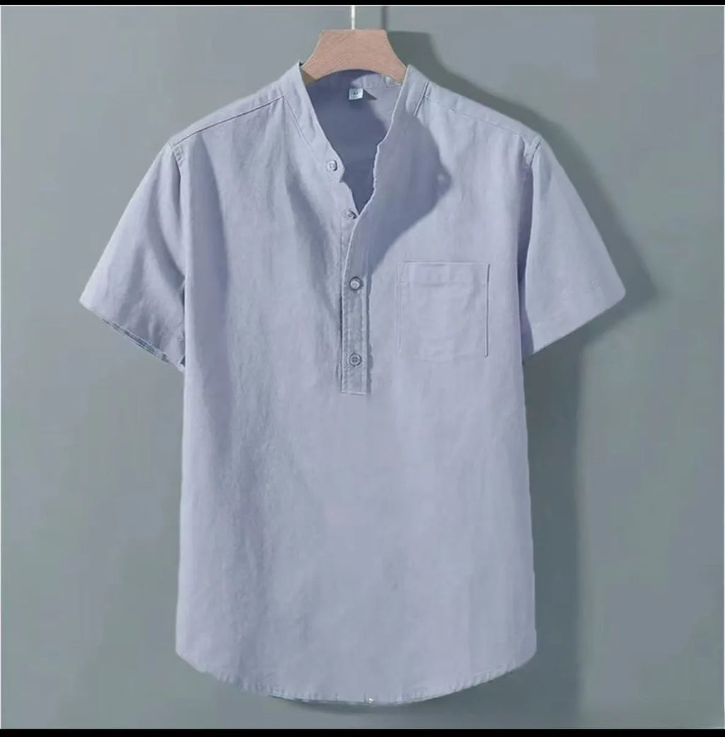 Men's beige casual short sleeve linen shirt with a stand collar and loose fit on a hanger.