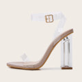 Apricot women's sandals with clear PVC upper, glass heels, and a buckle strap
