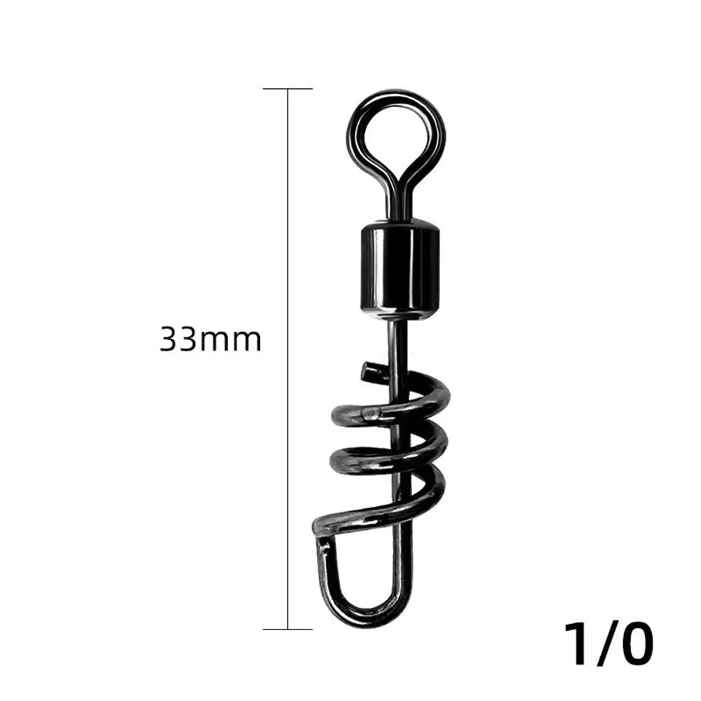 Copper and stainless steel 8-shaped fishing swivel connector on a blue background.