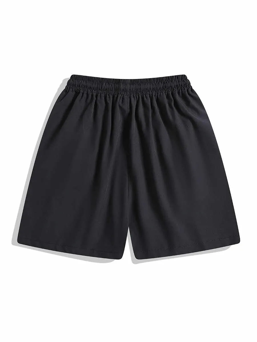 Loose-fit black sports shorts with elastic waistband and straight-leg design for training.