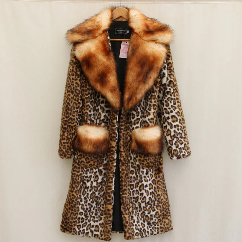 Women's leopard print artificial fur jacket showing 80cm length and regular sleeve design