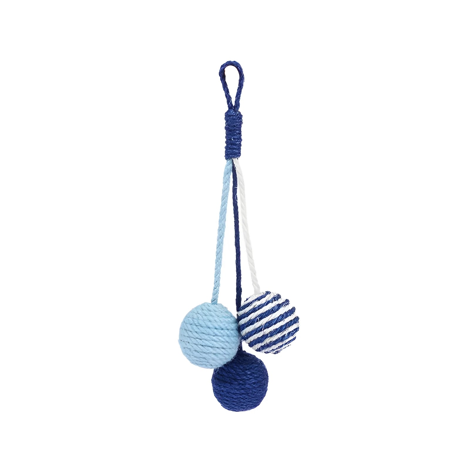 Cat teaser stick toy set with wand and three colourful catnip balls on blue background