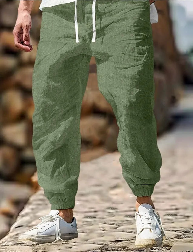 Men's straight leg linen trousers with elastic waistband in seven colour options