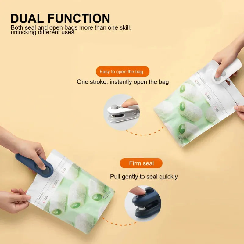 White handheld vacuum sealing machine with USB port and cutter blade on a kitchen counter.