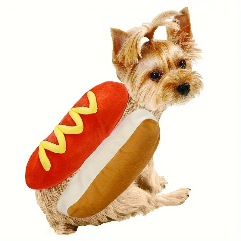 Brown and mustard coloured stuffed hot dog costume for a small dog, showing adjustable neck and waist fasteners.