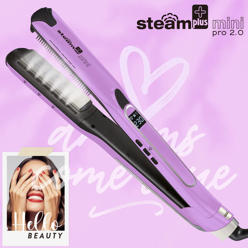 Mini steam spray hair straightener and curling iron in purple, rose red, or champagne colour with wired power cord.