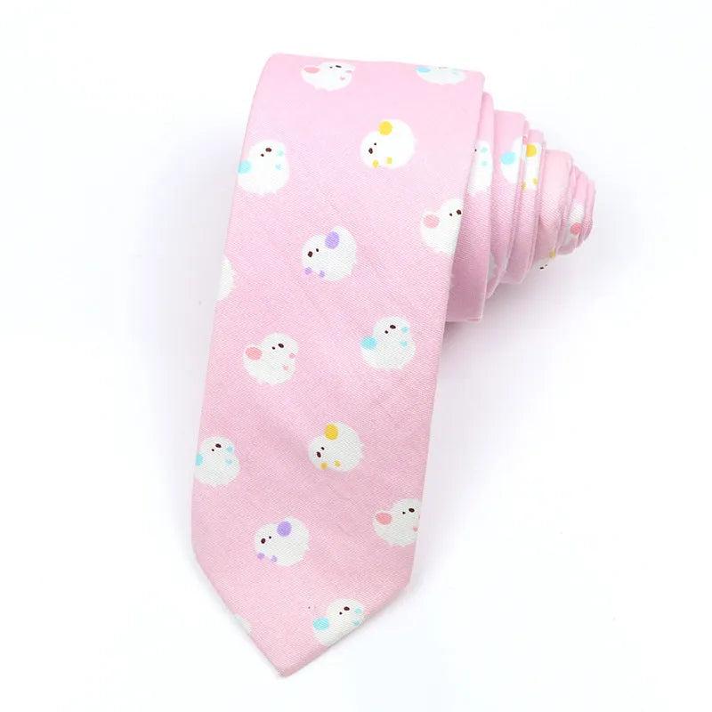 Korean style narrow men's cotton bow tie with a cartoon print pattern on an adjustable neck band.