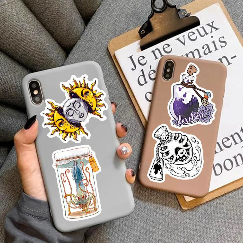 Assorted waterproof PVC stickers in sizes from 3cm to 8cm for laptops and skateboards.