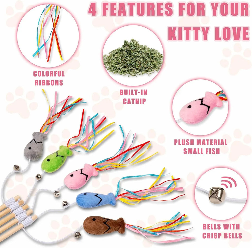 Wooden cat wand toy with colourful ribbons, catnip fish and bell attachment for interactive indoor play