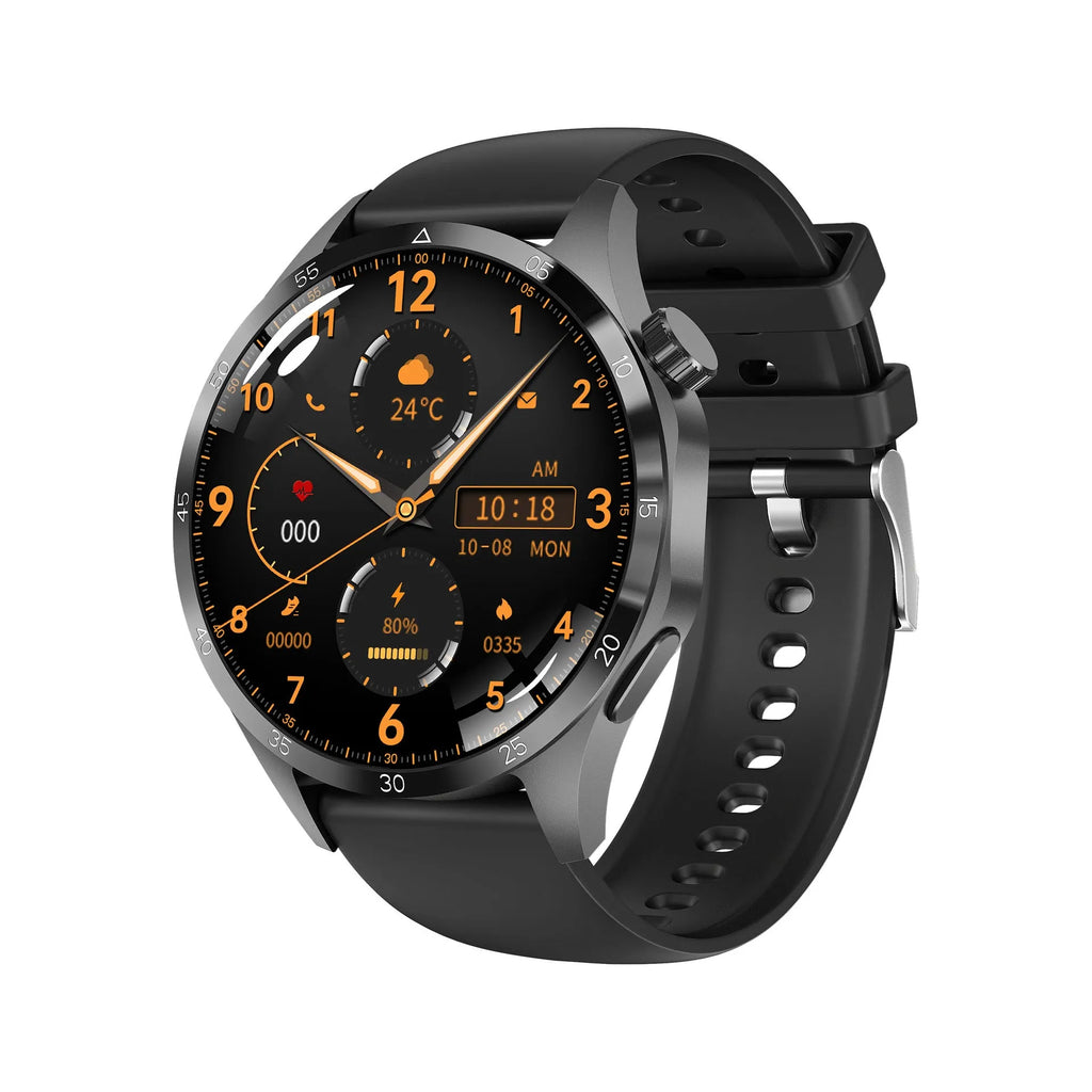 Black Bluetooth smartwatch with TFT screen, shown with both silicone and Milanese mesh strap options.