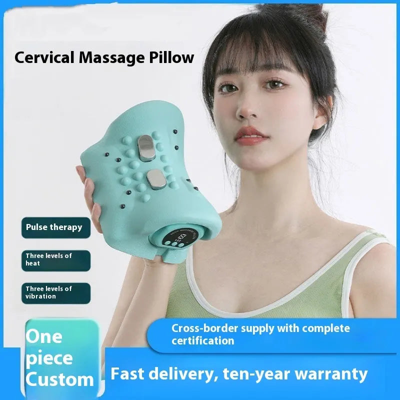 Blue green EMS neck and shoulder massage pillow with hot compress function measuring 17x10x12cm