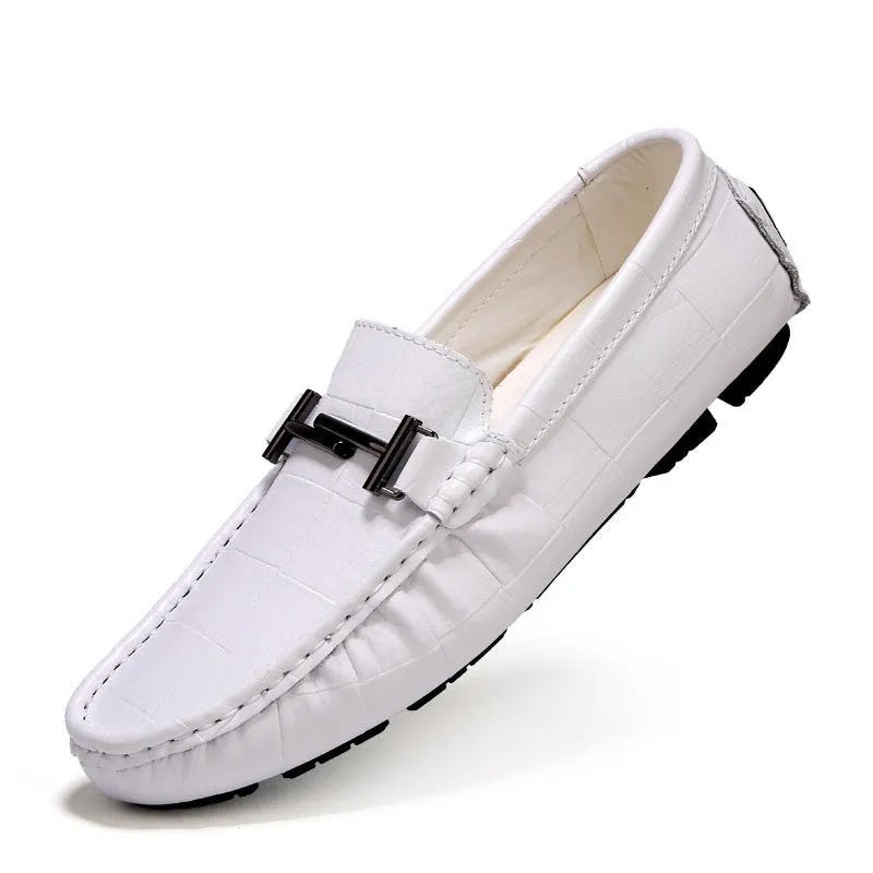 Men's casual leather shoes with belt buckle in black, blue, bronze, and white colours