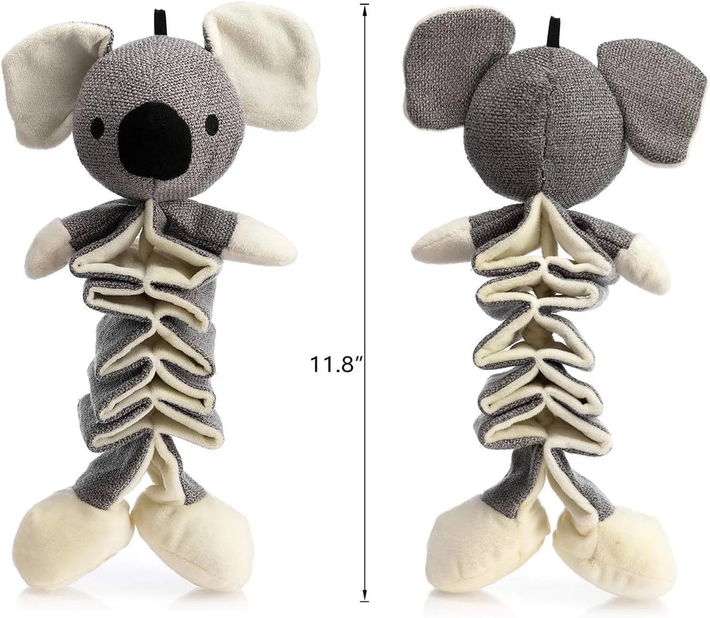 Gray koala dog toy measuring 30cm with crinkle paper squeaky features