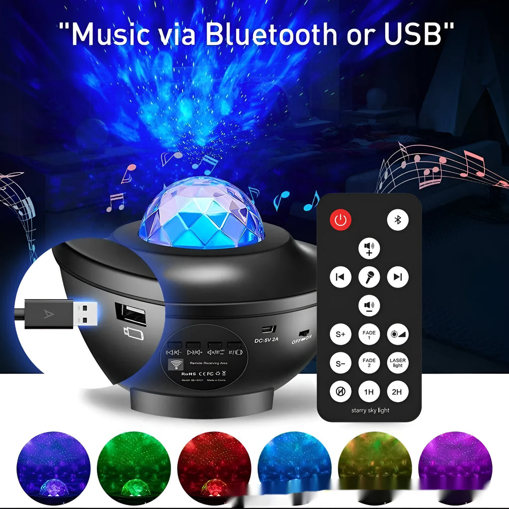 Black parallel style starry sky projection lamp with rotating water ripple effects on desktop