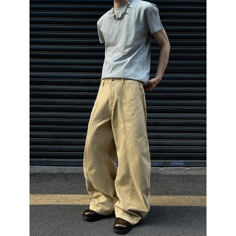 Khaki straight-leg cotton trousers on hanger showing American retro styling