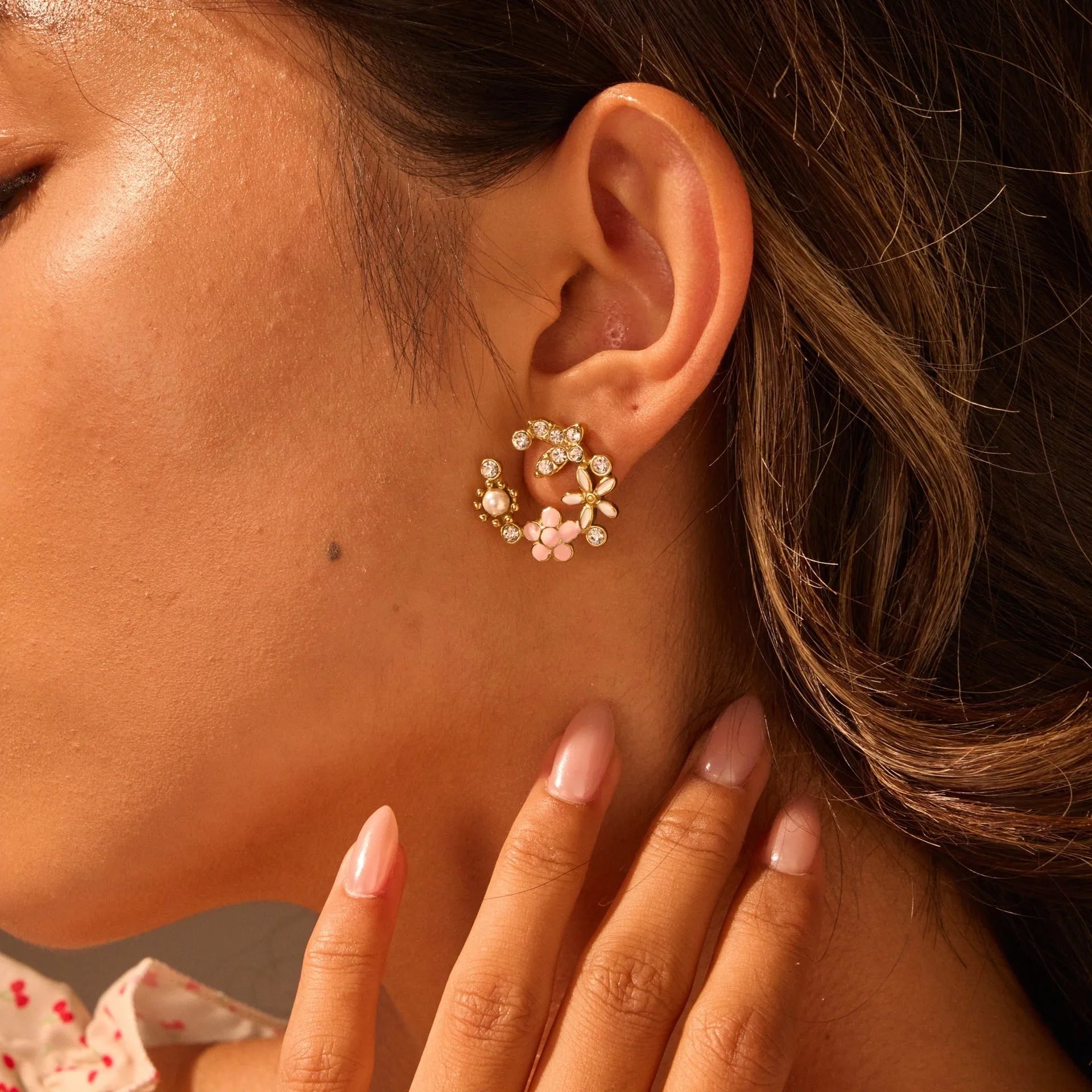 Colourful flower stud earrings with petal design on stainless steel with 18K electroplated finish