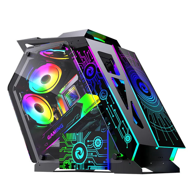 Table-type black bare metal PC chassis with six RGB fans lit up on a desk