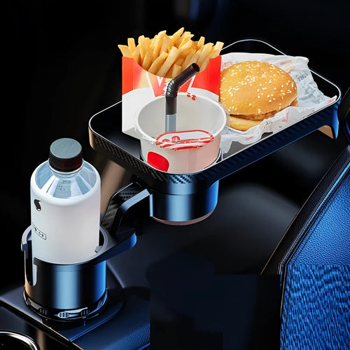Black ABS plastic car-mounted rotating dinner tray holder installed in vehicle cup holder