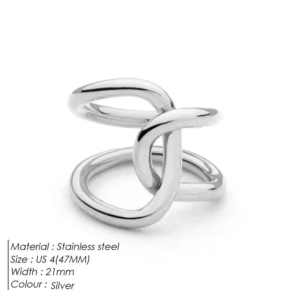Adjustable stainless steel ring for women with a knotted geometric U-shape design in gold or silver tone.