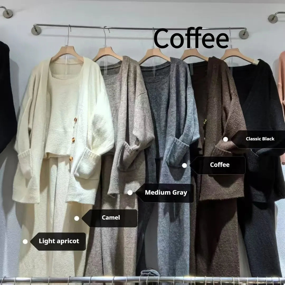 Women's loose fit wool blend cardigan three-piece set in beige, showing vest, coat, and casual pants.