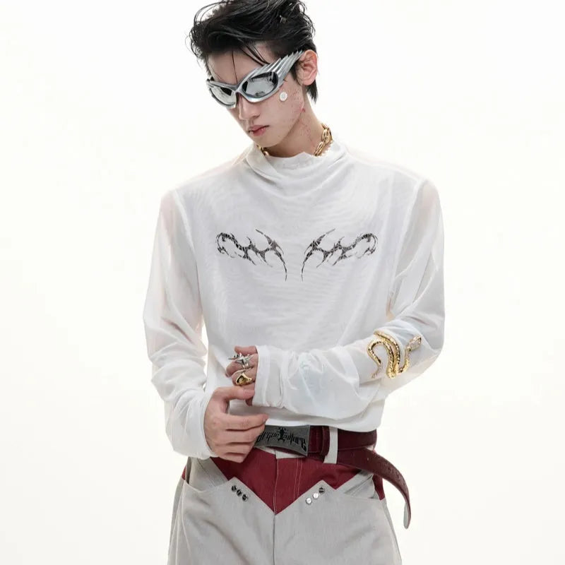 Men's black slim-fit mesh long-sleeve bottoming shirt laid flat, showing texture.