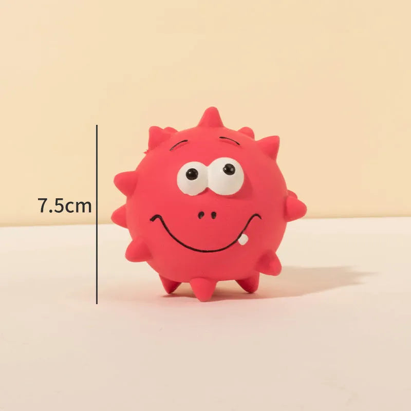 Four colourful squeaky dog toys with cute faces made from natural latex rubber