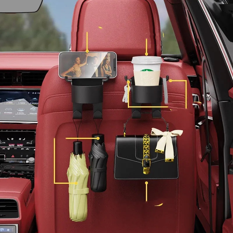 Black plastic car seat back hook and cup holder organiser measuring 8.5 by 7.1 by 14.4 centimetres