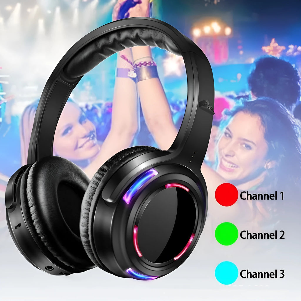 Black silent disco wireless headphones with a head-mounted design and a 3.5mm connection cable.