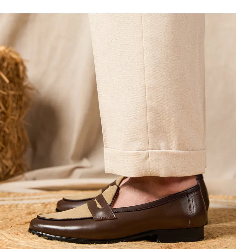 Men's coffee grey suede leather loafers in British style with a slip-on design