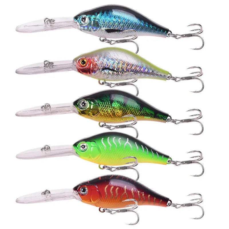 Mino fishing lure with deep diving long tongue board, 10.5cm length, 15g weight, five colour options