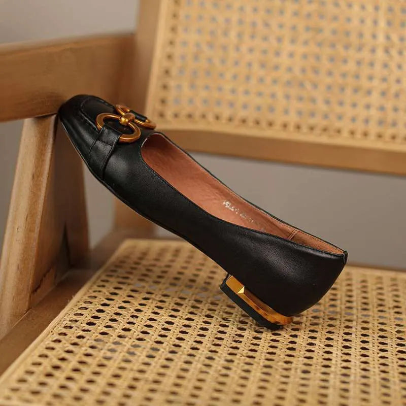 Women's square toe Mary Jane pumps with metal decor in shallow mouth design available in multiple colours
