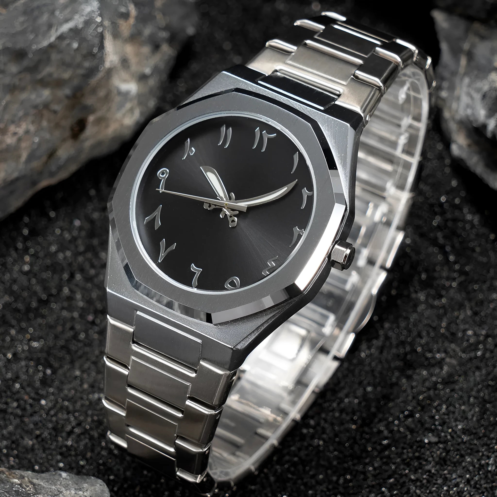 Men's steel bracelet quartz watch in business style on a wrist.