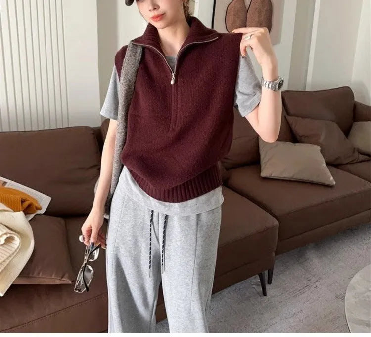 Retro half zip sleeveless knit vest in mesh polyester with 3D pattern