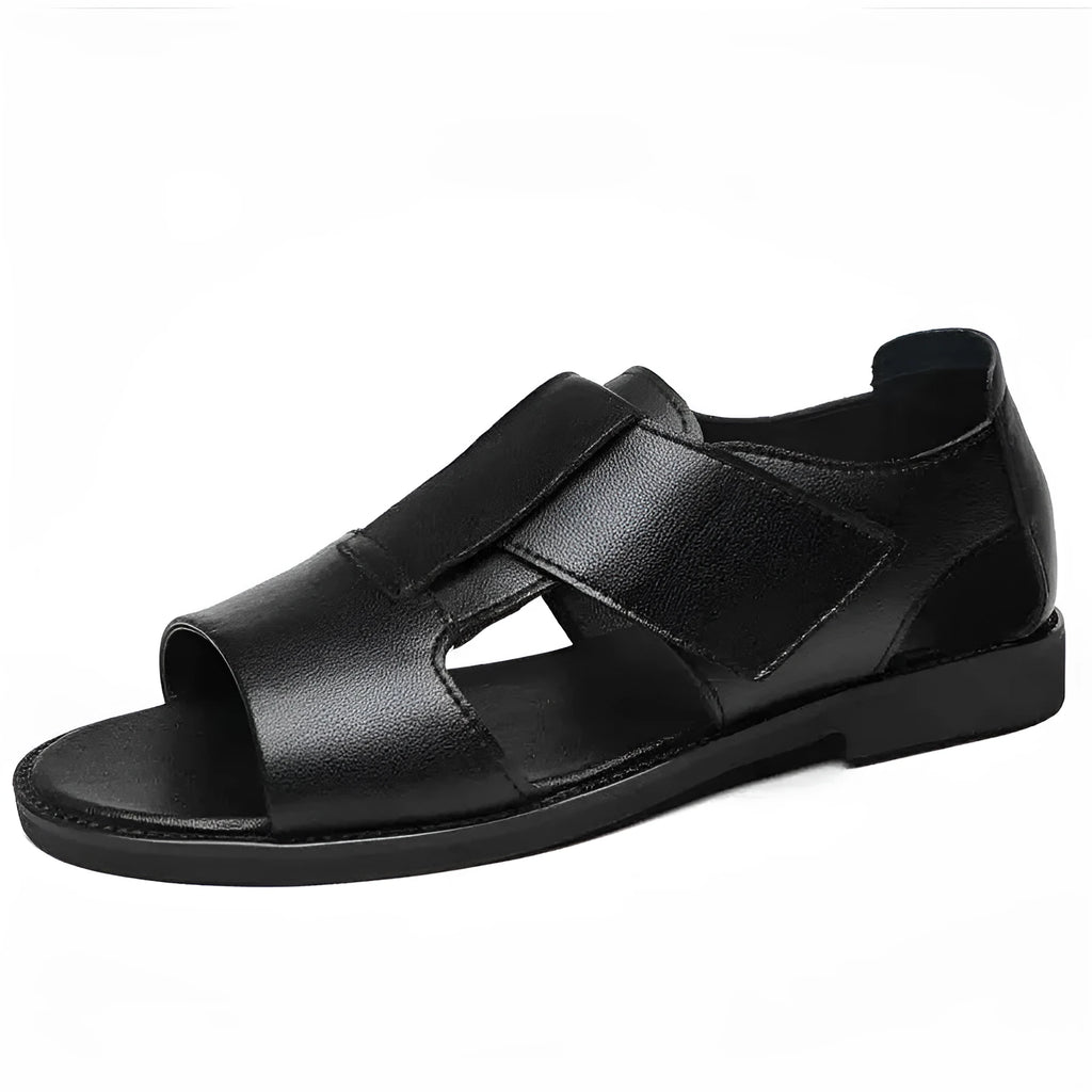 Men's black and brown open-toe leather casual sandals with rubber soles.
