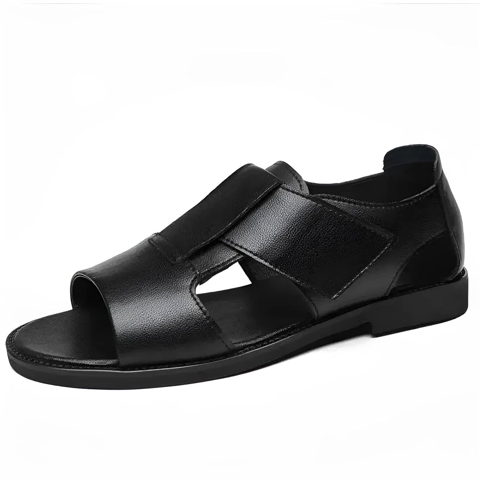 Men's black and brown open-toe leather casual sandals with rubber soles.