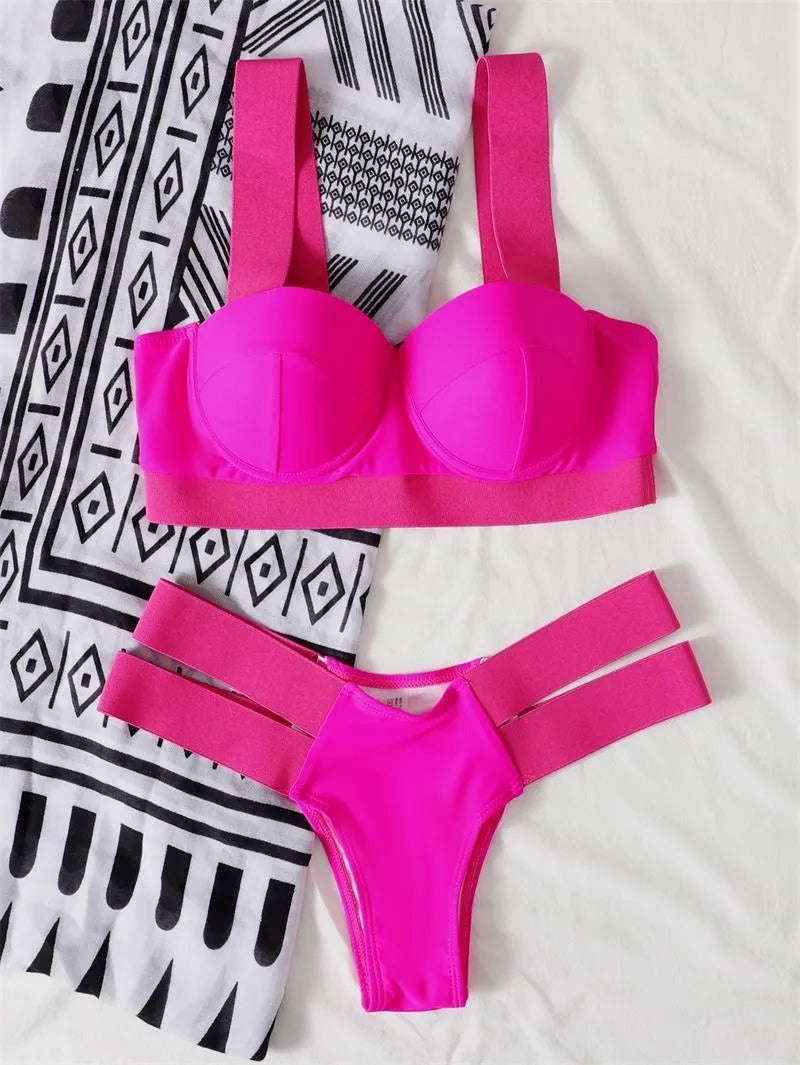 Women's contrast colour bikini with steel bracket push-up board in multiple colour options
