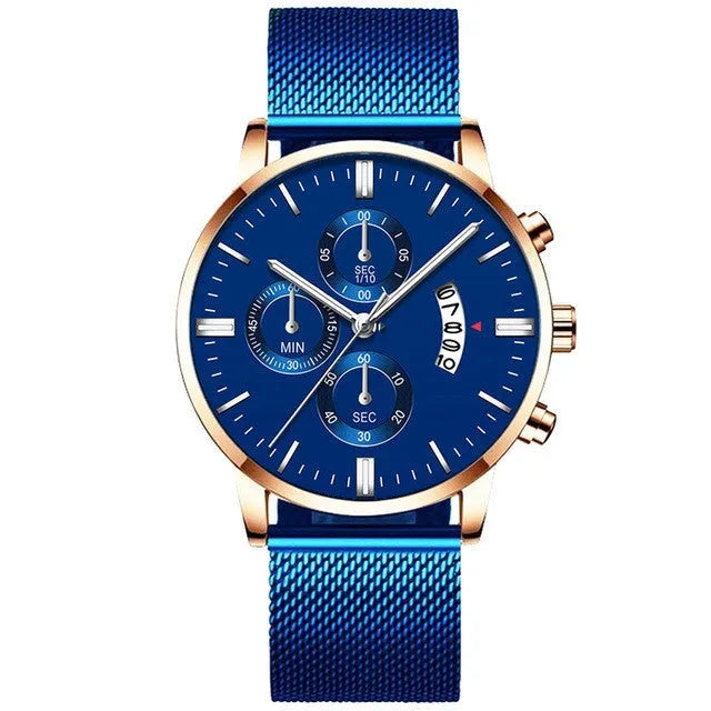 Men's stainless steel quartz watch with mesh band and two-tone case on wrist