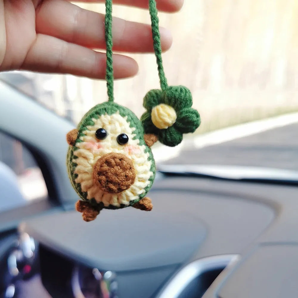 Handmade crocheted avocado with rainbow flower car pendant hanger in wool yarn