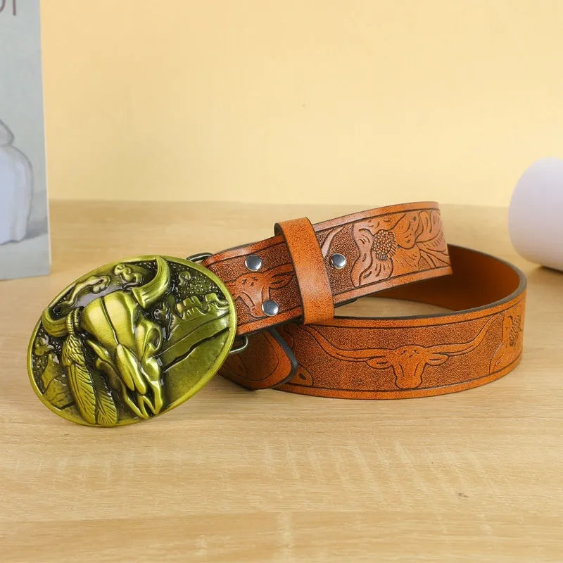 Men's black imitation leather belt with a detailed silver alloy cow head buckle and pin buckle fastening.