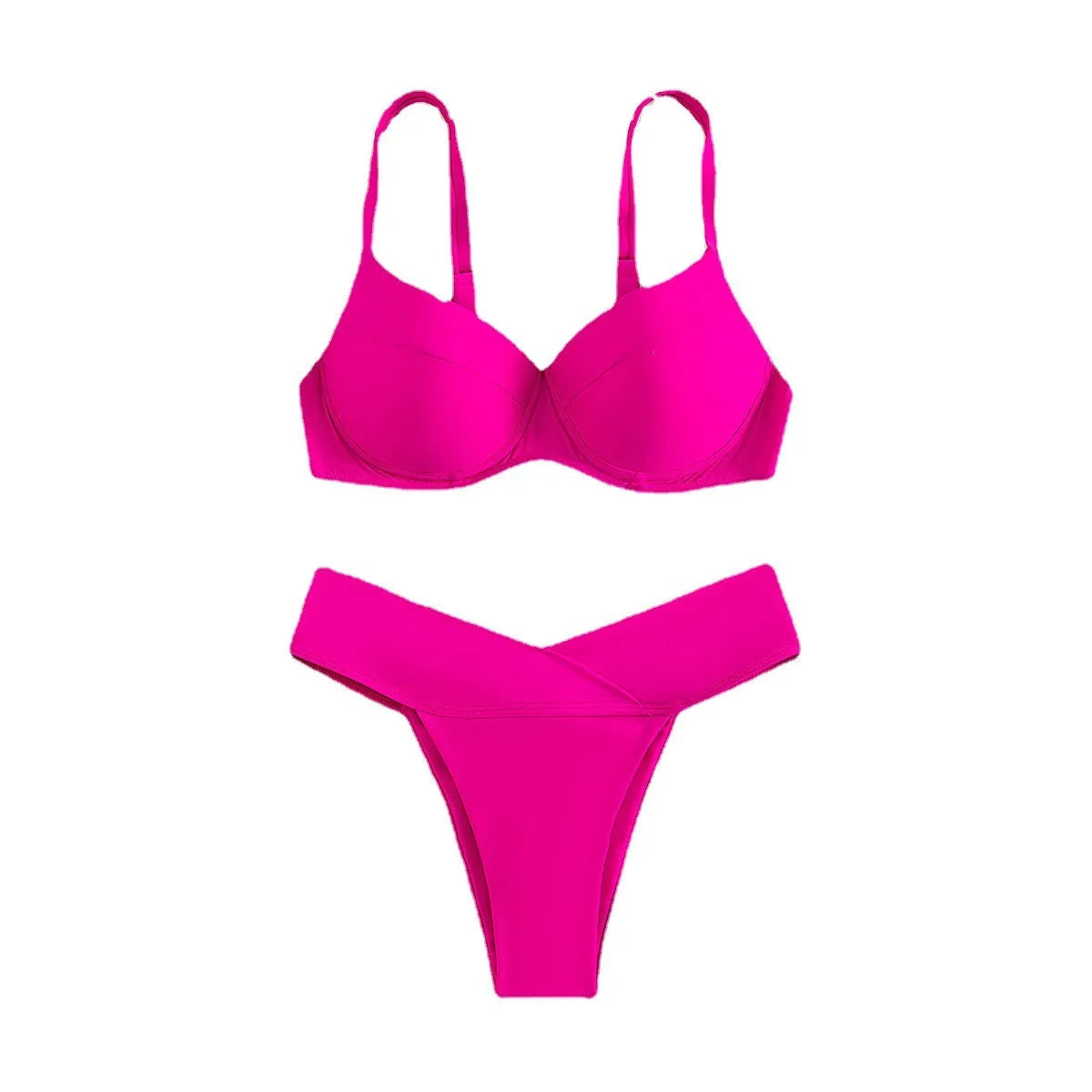 Solid colour fluorescent bikini swimsuit set on a white background, showing bra top and briefs.