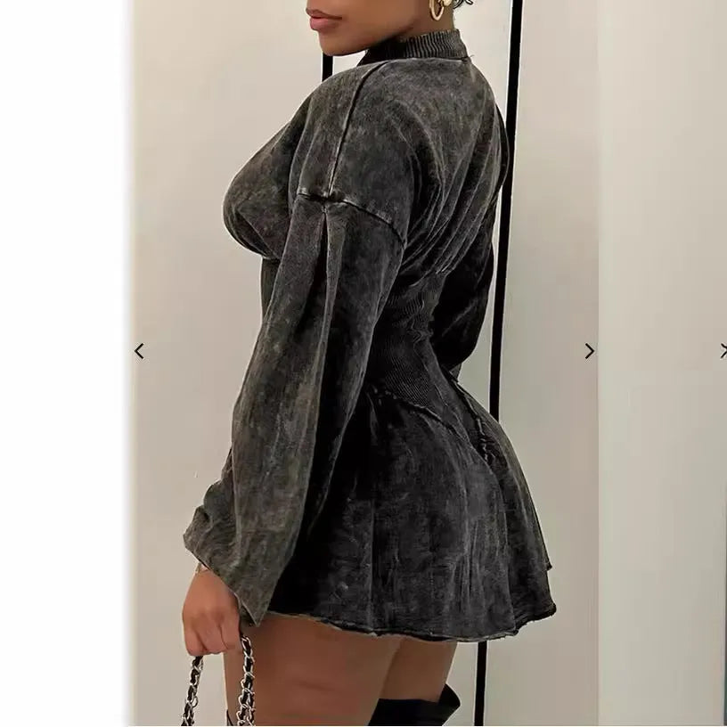 Gray digital print slim fit A-line dress with drawstring mid-waist and long sleeves