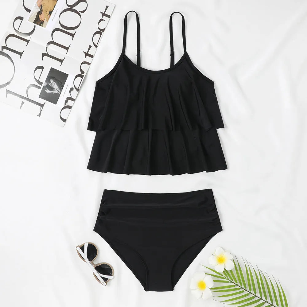 Women's black high-waist double-layer swimsuit with tropical coconut tree print and adjustable back tie.