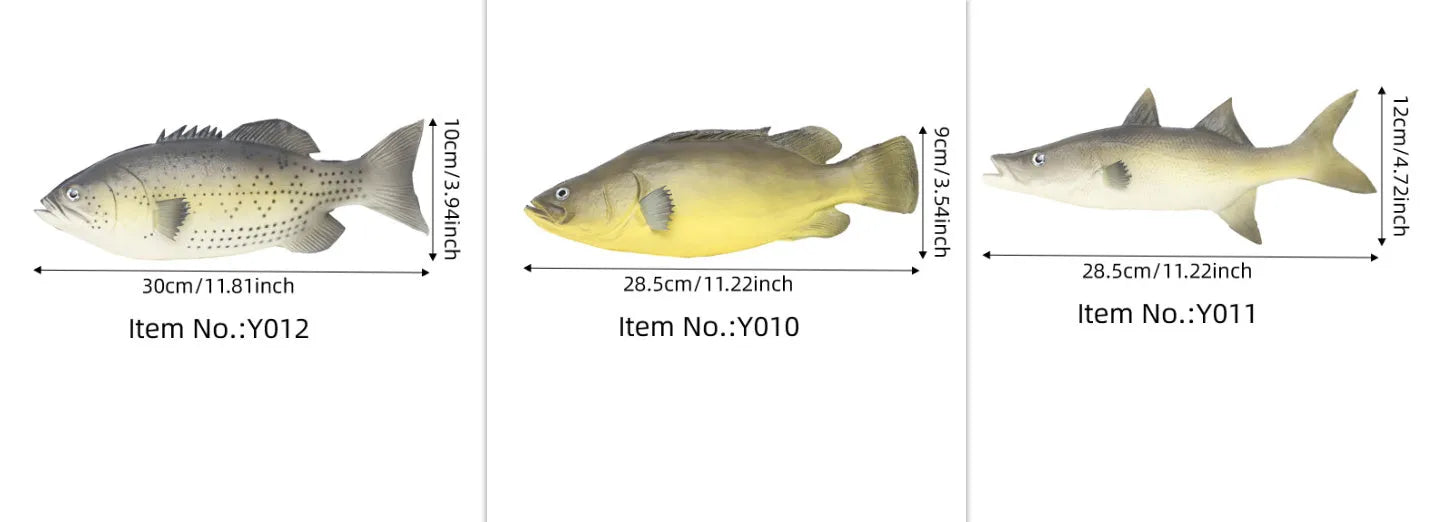 Set of three detailed PU simulated fish models: yellow-fin tuna, small tuna, and yellow croaker on a white background.