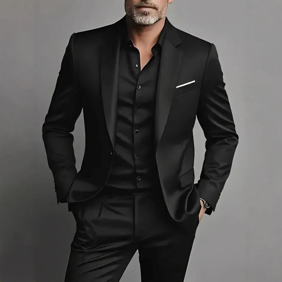 Men's slim fit two-piece suit set in black cotton blend fabric with coat and trousers
