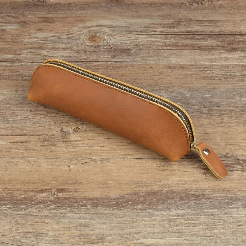 Handmade cowhide leather pencil case with zipper, square 18x6x6cm design in four colour options