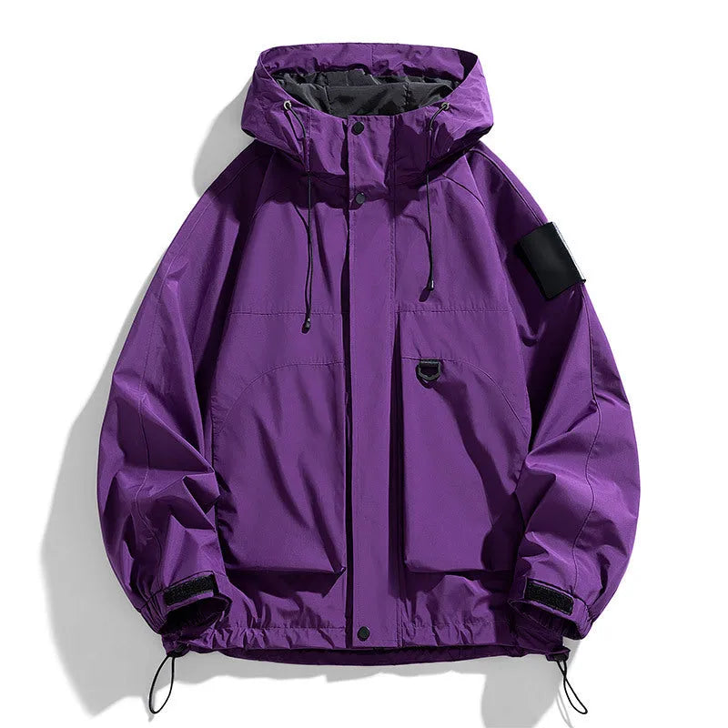 Men's black windproof waterproof hooded jacket, regular length with long sleeves, shown on a model.