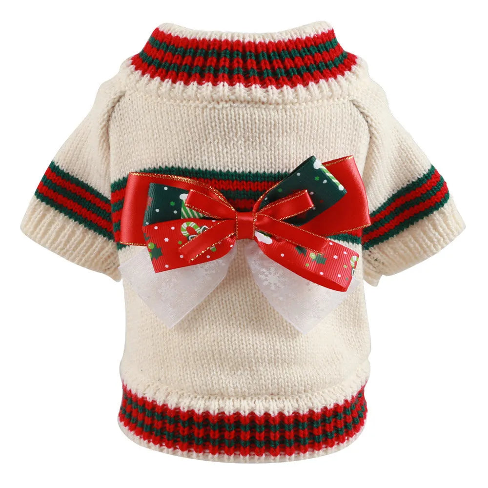 Polyester Christmas dog sweater for small to medium dogs in red, green, or beige colours with weight-based sizing