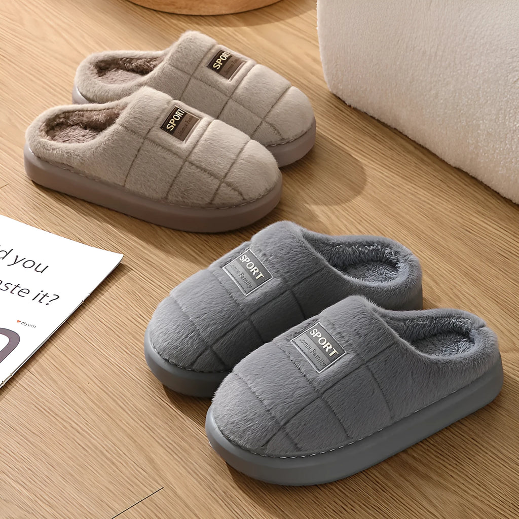 Men's grey and brown plaid cotton slippers with artificial wool lining and EVA soles