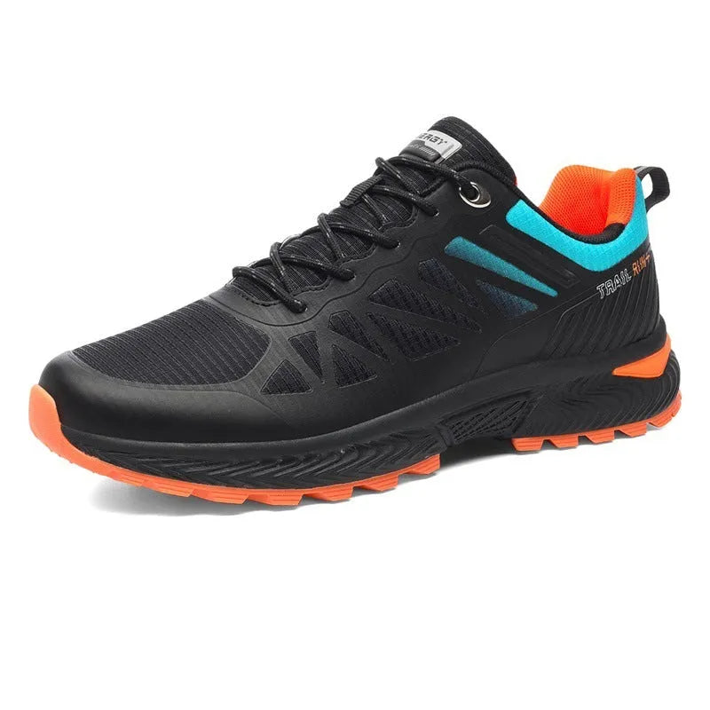 Men's black and grey breathable mesh running shoes with round toe and flat heel on a white background.