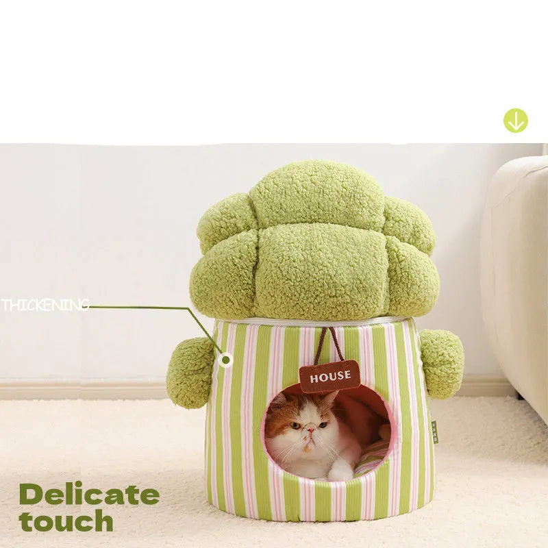 Green creative cauliflower-shaped enclosed pet house for a small dog or cat.